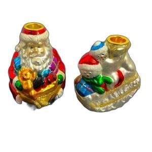 VTG Santa & Snowman Mercury Glass Candle Holders Glitter Christmas Decor